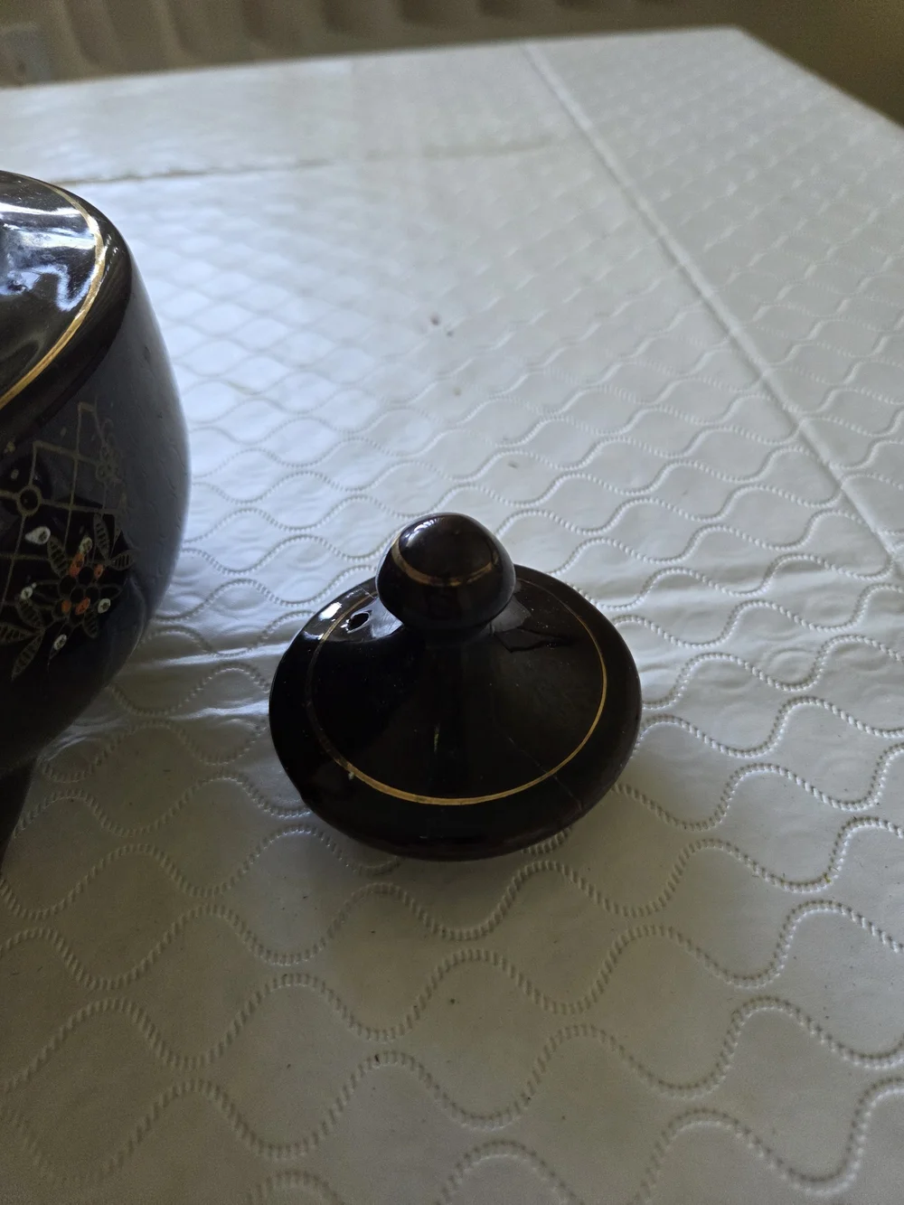 Vintage Black Floral Ceramic Teapot Overhead Metal Handle Tea Pot Cottagecore